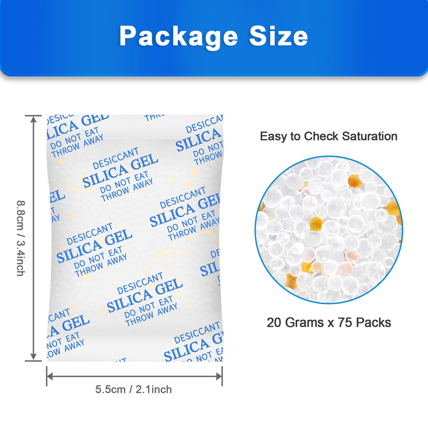 75 Packs 20 Gram Silica Gel Packets for Moisture Control, Food Grade Moisture Absorbers with Color Indicating