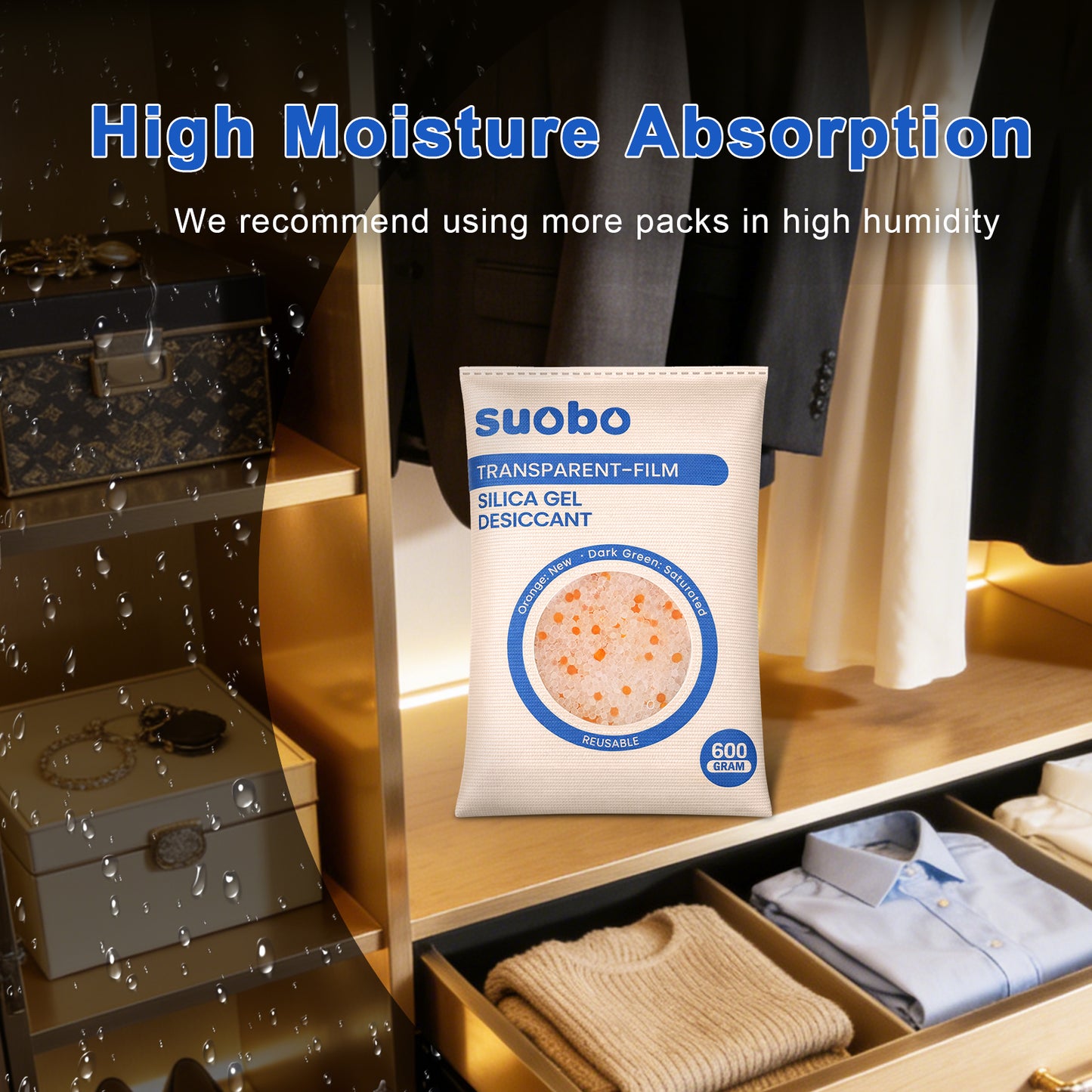 Transparent Film Desiccant Packs for Storage, 5 Packs 600 Gram Large Silica Gel Packets Reusable, Color Indicating Moisture Absorbers, Dehumidifier for Car, Safe, 3D Filaments, Closet