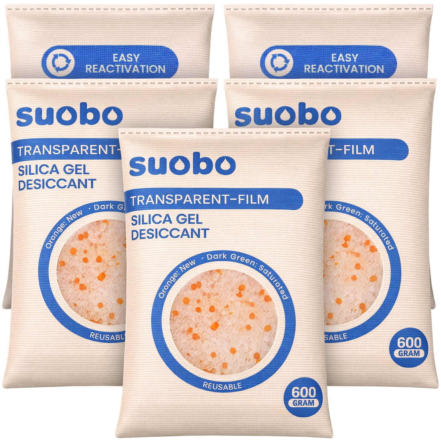 Transparent Film Desiccant Packs for Storage, 5 Packs 600 Gram Large Silica Gel Packets Reusable, Color Indicating Moisture Absorbers, Dehumidifier for Car, Safe, 3D Filaments, Closet