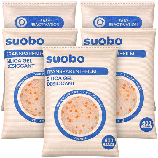 Transparent Film Desiccant Packs for Storage, 5 Packs 600 Gram Large Silica Gel Packets Reusable, Color Indicating Moisture Absorbers, Dehumidifier for Car, Safe, 3D Filaments, Closet
