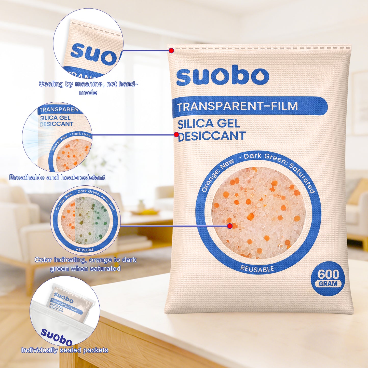 Transparent Film Desiccant Packs for Storage, 5 Packs 600 Gram Large Silica Gel Packets Reusable, Color Indicating Moisture Absorbers, Dehumidifier for Car, Safe, 3D Filaments, Closet