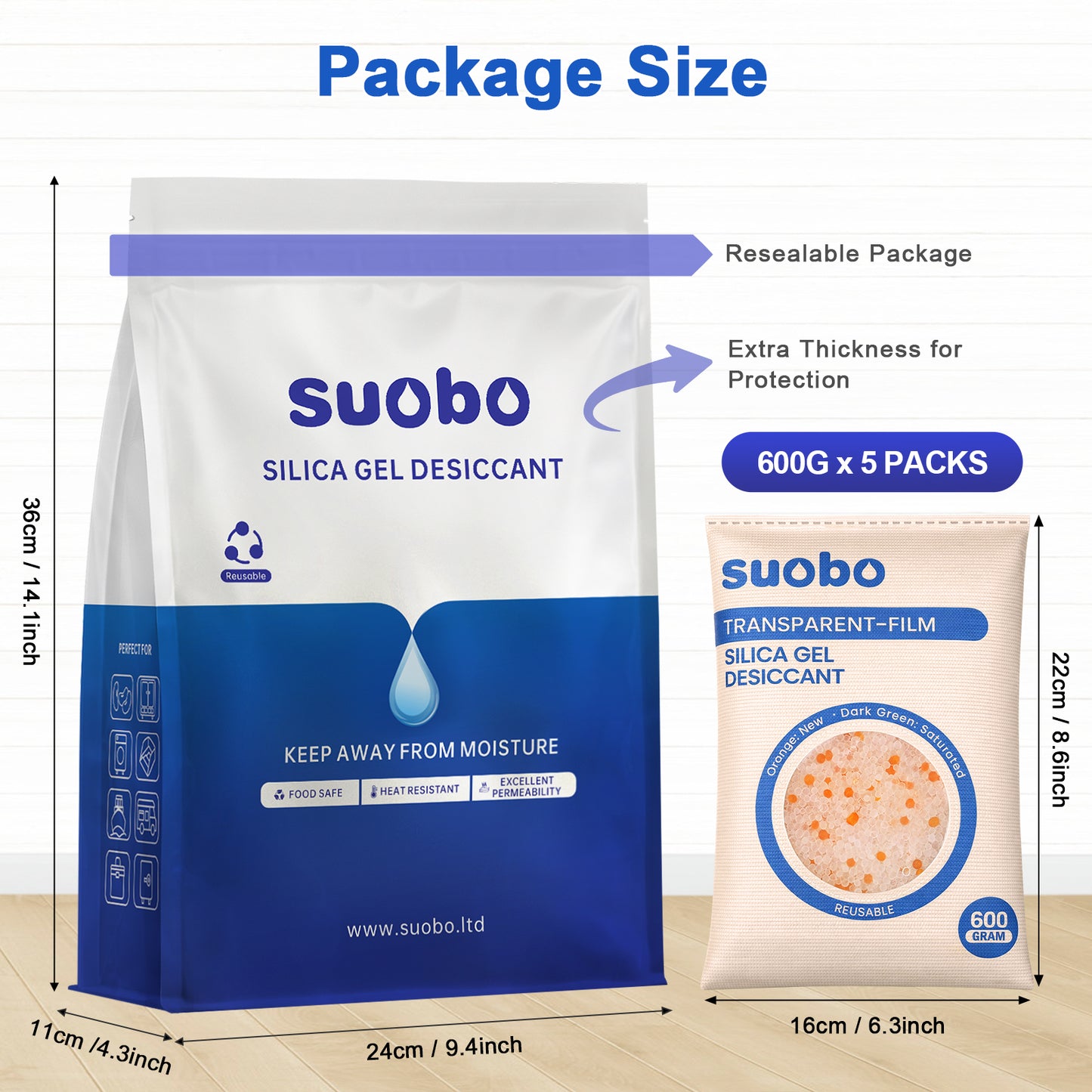 Transparent Film Desiccant Packs for Storage, 5 Packs 600 Gram Large Silica Gel Packets Reusable, Color Indicating Moisture Absorbers, Dehumidifier for Car, Safe, 3D Filaments, Closet