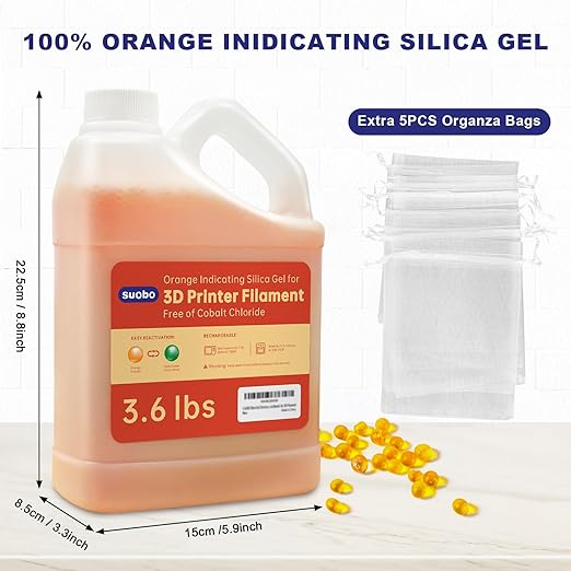 Silica Gel for 3D Printer Filaments, 3.6LBS Desiccant Beads Reusable, Orange Indicating Silica Gel Silica Beads 3-5mm Industry Standard (5PCS Organza Bags Included)
